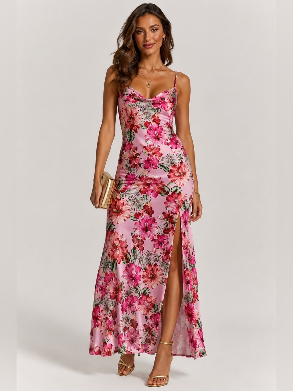 Paper Heart Pink Tropical Hibiscus Maxi Slip Dress Size Medium Floral Cami Dress